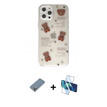 MARSİLYAN™- iPhone 12 Pro Kılıf Eksen Asil Prime - Siyah 3D Antistatik Cam Ekran Koruyucu + Metal Kamera Lens Koruma Cam - GS