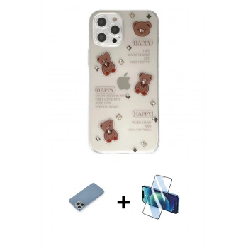 MARSİLYAN™- iPhone 12 Pro Kılıf Eksen Asil Prime - Siyah 3D Antistatik Cam Ekran Koruyucu + Shine Kamera Lens Koruma Cam - GS