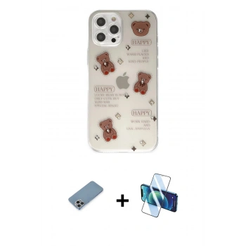 MARSİLYAN™- iPhone 12 Pro Kılıf Eksen Asil Prime - Siyah 3D Antistatik Cam Ekran Koruyucu + Shine Kamera Lens Koruma Cam - GI