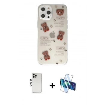 MARSİLYAN™- iPhone 12 Pro Kılıf Eksen Asil Prime - Siyah 3D Antistatik Cam Ekran Koruyucu + Shine Kamera Lens - GS