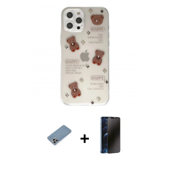 MARSİLYAN™- iPhone 12 Pro Kılıf Eksen Asil Prime - Siyah 3D Antistatik Hayalet Cam Ekran Koruyucu + Shine Kamera Lens Koruma Cam - GI
