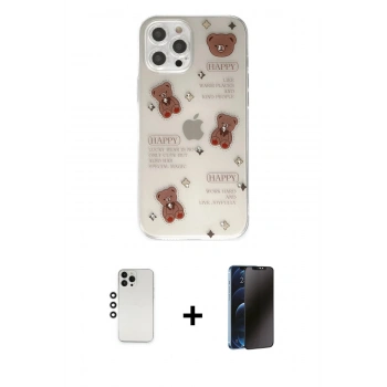 MARSİLYAN™- iPhone 12 Pro Kılıf Eksen Asil Prime - Siyah 3D Antistatik Hayalet Cam Ekran Koruyucu + Shine Kamera Lens - GS