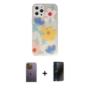 MARSİLYAN™- iPhone 12 Pro Kılıf Eksen Asil Prime - Siyah 3D Antistatik Hayalet Cam Ekran Koruyucu + Neon Fosforlu Kamera Lens - SI