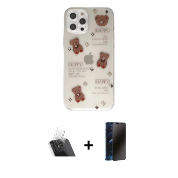 MARSİLYAN™- iPhone 12 Pro Kılıf Eksen Asil Prime - Siyah 3D Antistatik Hayalet Cam Ekran Koruyucu + Kamera Lens Koruma Cam - SF