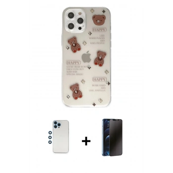 MARSİLYAN™- iPhone 12 Pro Kılıf Eksen Asil Prime - Siyah 3D Antistatik Hayalet Cam Ekran Koruyucu + Shine Kamera Lens - MI