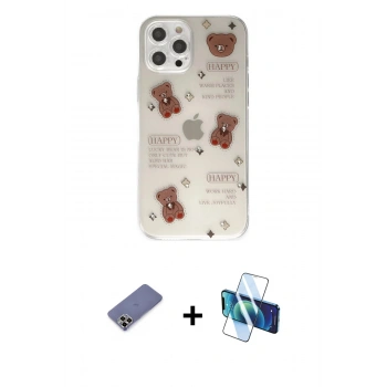 MARSİLYAN™- iPhone 12 Pro Kılıf Eksen Asil Prime - Siyah 3D Antistatik Seramik Nano Ekran Koruyucu + Metal Kamera Lens Koruma Cam - GD