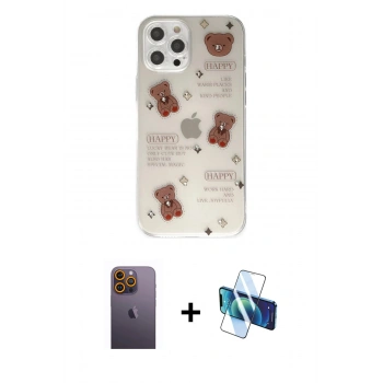 MARSİLYAN™- iPhone 12 Pro Kılıf Eksen Asil Prime - Siyah 3D Antistatik Seramik Nano Ekran Koruyucu + Neon Fosforlu Kamera Lens - SI