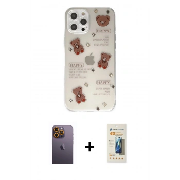 MARSİLYAN™- iPhone 12 Pro Kılıf Eksen Asil Prime - Siyah 6D Mat Seramik Hayalet Nano Ekran Koruyucu + Neon Fosforlu Kamera Lens - SI