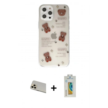 MARSİLYAN™- iPhone 12 Pro Kılıf Eksen Asil Prime - Siyah Polymer Nano Ekran Koruyucu + Rainbow Kamera Lens Koruma Cam - GD