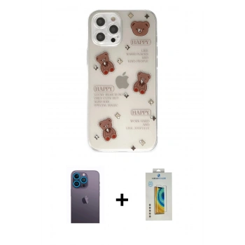 MARSİLYAN™- iPhone 12 Pro Kılıf Eksen Asil Prime - Siyah Polymer Nano Ekran Koruyucu + Neon Fosforlu Kamera Lens - MI
