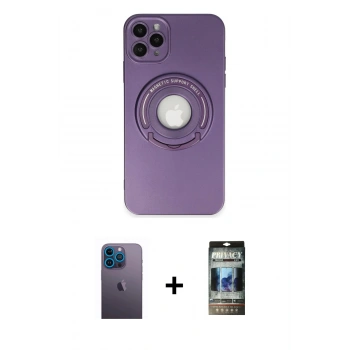 MARSİLYAN™- iPhone 12 Pro Kılıf Eksen Klasik Prime - Siyah 34D Hayalet Izgaralı Cam + Neon Fosforlu Kamera Lens - MI
