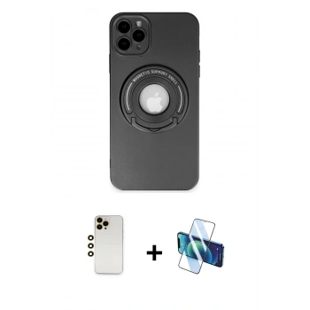 MARSİLYAN™- iPhone 12 Pro Kılıf Eksen Klasik Prime - Siyah 3D Antistatik Cam Ekran Koruyucu + Shine Kamera Lens - GD