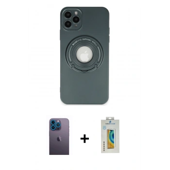 MARSİLYAN™- iPhone 12 Pro Kılıf Eksen Klasik Prime - Siyah Polymer Nano Ekran Koruyucu + Neon Fosforlu Kamera Lens - MI
