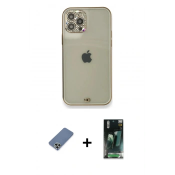 MARSİLYAN™- iPhone 12 Pro Kılıf Eksen Minimal Koleksiyonu - Şeffaf 360 Full Body Arka Koruyucu + Metal Kamera Lens Koruma Cam - AKYL