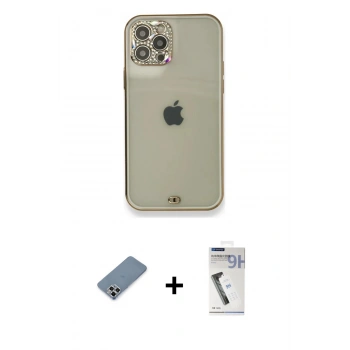 MARSİLYAN™- iPhone 12 Pro Kılıf Eksen Minimal Koleksiyonu - Şeffaf Uv Polymer Nano Ekran Koruyucu + Metal Kamera Lens Koruma Cam - GS