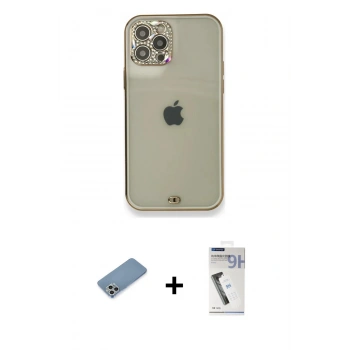 MARSİLYAN™- iPhone 12 Pro Kılıf Eksen Minimal Koleksiyonu - Şeffaf Uv Polymer Nano Ekran Koruyucu + Shine Kamera Lens Koruma Cam - GS