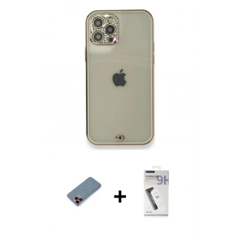 MARSİLYAN™- iPhone 12 Pro Kılıf Eksen Minimal Koleksiyonu - Şeffaf Uv Polymer Nano Ekran Koruyucu + Metal Kamera Lens Koruma Cam - KI