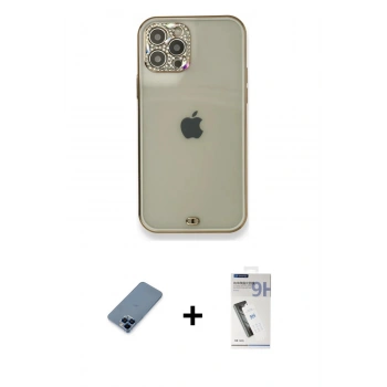 MARSİLYAN™- iPhone 12 Pro Kılıf Eksen Minimal Koleksiyonu - Şeffaf Uv Polymer Nano Ekran Koruyucu + Metal Kamera Lens Koruma Cam - MI