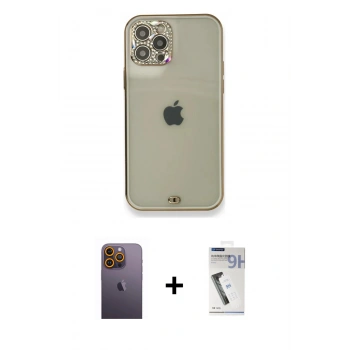 MARSİLYAN™- iPhone 12 Pro Kılıf Eksen Minimal Koleksiyonu - Şeffaf Uv Polymer Nano Ekran Koruyucu + Neon Fosforlu Kamera Lens - SI