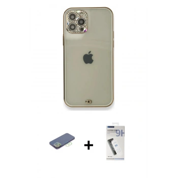MARSİLYAN™- iPhone 12 Pro Kılıf Eksen Minimal Koleksiyonu - Şeffaf Uv Polymer Nano Ekran Koruyucu + Renkli Kamera Lens Koruma Cam - YL