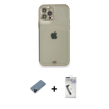 MARSİLYAN™- iPhone 12 Pro Kılıf Eksen Minimal Koleksiyonu - Şeffaf Uv Polymer Nano Ekran Koruyucu + Shine Kamera Lens Koruma Cam - SH