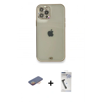 MARSİLYAN™- iPhone 12 Pro Kılıf Eksen Minimal Koleksiyonu - Şeffaf Uv Polymer Nano Ekran Koruyucu + Renkli Kamera Lens Koruma Cam - TU