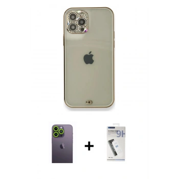 MARSİLYAN™- iPhone 12 Pro Kılıf Eksen Minimal Koleksiyonu - Şeffaf Uv Polymer Nano Ekran Koruyucu + Neon Fosforlu Kamera Lens - YL