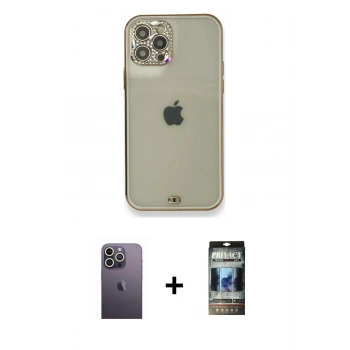 MARSİLYAN™- iPhone 12 Pro Kılıf Eksen Minimal Koleksiyonu - Siyah 34D Hayalet Izgaralı Cam + Neon Fosforlu Kamera Lens - BZ