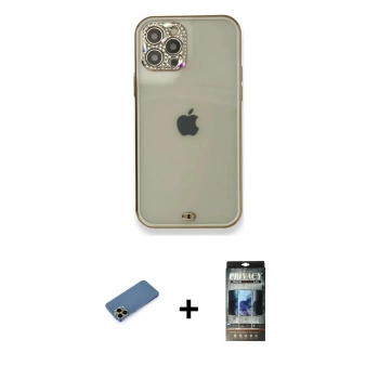 MARSİLYAN™- iPhone 12 Pro Kılıf Eksen Minimal Koleksiyonu - Siyah 34D Hayalet Izgaralı Cam + Shine Kamera Lens Koruma Cam - GD