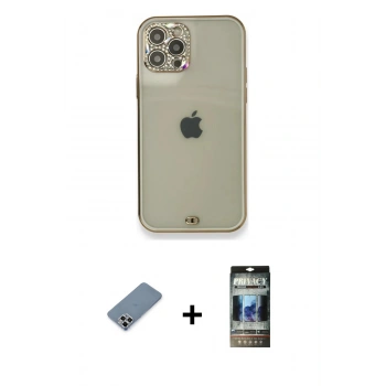 MARSİLYAN™- iPhone 12 Pro Kılıf Eksen Minimal Koleksiyonu - Siyah 34D Hayalet Izgaralı Cam + Metal Kamera Lens Koruma Cam - GS