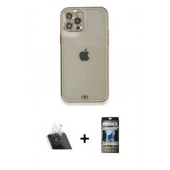 MARSİLYAN™- iPhone 12 Pro Kılıf Eksen Minimal Koleksiyonu - Siyah 34D Hayalet Izgaralı Cam + Kamera Lens Koruma Cam - SF