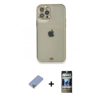 MARSİLYAN™- iPhone 12 Pro Kılıf Eksen Minimal Koleksiyonu - Siyah 34D Hayalet Izgaralı Cam + Metal Kamera Lens Koruma Cam - KUYL