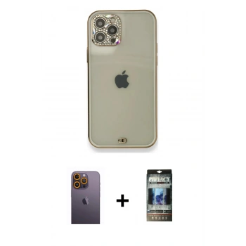MARSİLYAN™- iPhone 12 Pro Kılıf Eksen Minimal Koleksiyonu - Siyah 34D Hayalet Izgaralı Cam + Neon Fosforlu Kamera Lens - SI