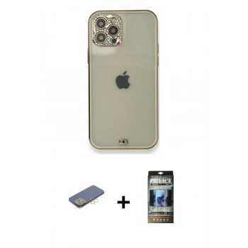 MARSİLYAN™- iPhone 12 Pro Kılıf Eksen Minimal Koleksiyonu - Siyah 34D Hayalet Izgaralı Cam + Renkli Kamera Lens Koruma Cam - SI