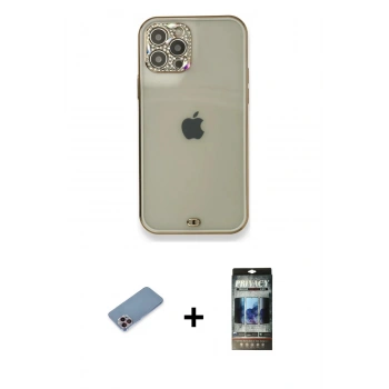 MARSİLYAN™- iPhone 12 Pro Kılıf Eksen Minimal Koleksiyonu - Siyah 34D Hayalet Izgaralı Cam + Shine Kamera Lens Koruma Cam - PE
