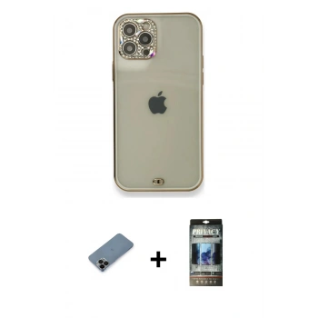 MARSİLYAN™- iPhone 12 Pro Kılıf Eksen Minimal Koleksiyonu - Siyah 34D Hayalet Izgaralı Cam + Shine Kamera Lens Koruma Cam - SH