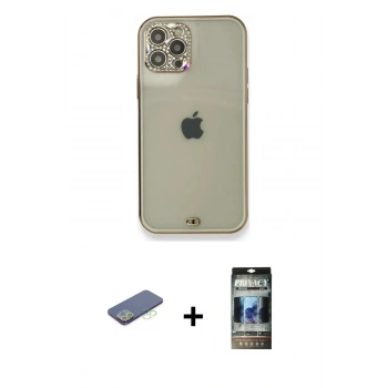 MARSİLYAN™- iPhone 12 Pro Kılıf Eksen Minimal Koleksiyonu - Siyah 34D Hayalet Izgaralı Cam + Renkli Kamera Lens Koruma Cam - YL