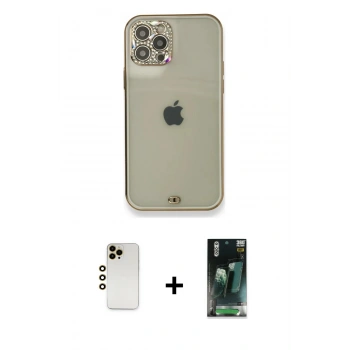 MARSİLYAN™- iPhone 12 Pro Kılıf Eksen Minimal Koleksiyonu - Siyah 360 Mat Full Body Arka Koruyucu + Shine Kamera Lens - GD