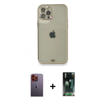 MARSİLYAN™- iPhone 12 Pro Kılıf Eksen Minimal Koleksiyonu - Siyah 360 Mat Full Body Arka Koruyucu + Neon Fosforlu Kamera Lens - TU