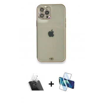 MARSİLYAN™- iPhone 12 Pro Kılıf Eksen Minimal Koleksiyonu - Siyah 3D Antistatik Cam Ekran Koruyucu + Kamera Lens Koruma Cam - SF