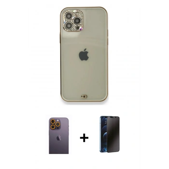 MARSİLYAN™- iPhone 12 Pro Kılıf Eksen Minimal Koleksiyonu - Siyah 3D Antistatik Hayalet Cam Ekran Koruyucu + Neon Fosforlu Kamera Lens - SI
