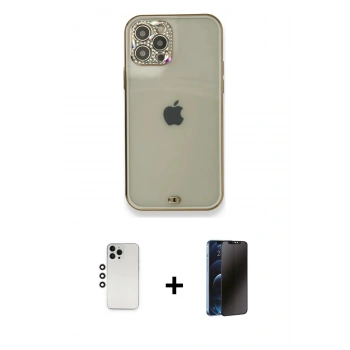 MARSİLYAN™- iPhone 12 Pro Kılıf Eksen Minimal Koleksiyonu - Siyah 3D Antistatik Hayalet Cam Ekran Koruyucu + Shine Kamera Lens - GS