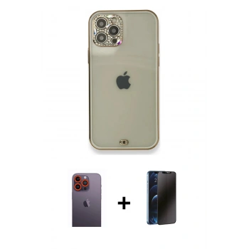 MARSİLYAN™- iPhone 12 Pro Kılıf Eksen Minimal Koleksiyonu - Siyah 3D Antistatik Hayalet Cam Ekran Koruyucu + Neon Fosforlu Kamera Lens - TU