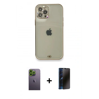 MARSİLYAN™- iPhone 12 Pro Kılıf Eksen Minimal Koleksiyonu - Siyah 3D Antistatik Hayalet Cam Ekran Koruyucu + Neon Fosforlu Kamera Lens - YL