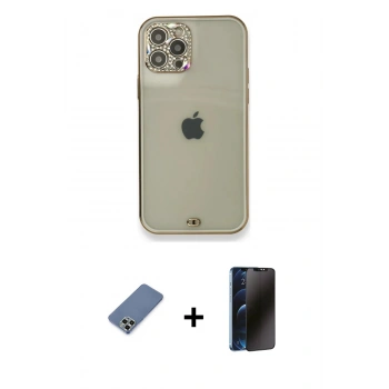 MARSİLYAN™- iPhone 12 Pro Kılıf Eksen Minimal Koleksiyonu - Siyah 3D Antistatik Hayalet Cam Ekran Koruyucu + Metal Kamera Lens Koruma Cam - AKYL