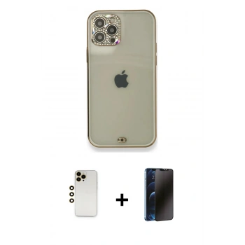 MARSİLYAN™- iPhone 12 Pro Kılıf Eksen Minimal Koleksiyonu - Siyah 3D Antistatik Hayalet Cam Ekran Koruyucu + Shine Kamera Lens - GD