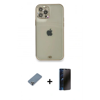 MARSİLYAN™- iPhone 12 Pro Kılıf Eksen Minimal Koleksiyonu - Siyah 3D Antistatik Hayalet Cam Ekran Koruyucu + Metal Kamera Lens Koruma Cam - GS
