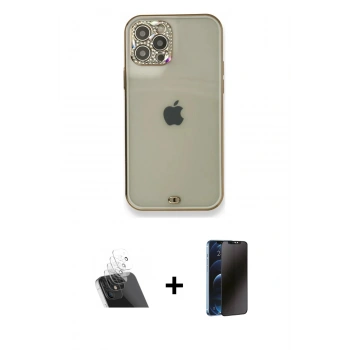 MARSİLYAN™- iPhone 12 Pro Kılıf Eksen Minimal Koleksiyonu - Siyah 3D Antistatik Hayalet Cam Ekran Koruyucu + Kamera Lens Koruma Cam - SF
