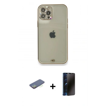 MARSİLYAN™- iPhone 12 Pro Kılıf Eksen Minimal Koleksiyonu - Siyah 3D Antistatik Hayalet Cam Ekran Koruyucu + Renkli Kamera Lens Koruma Cam - YL