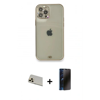MARSİLYAN™- iPhone 12 Pro Kılıf Eksen Minimal Koleksiyonu - Siyah 3D Antistatik Hayalet Cam Ekran Koruyucu + Rainbow Kamera Lens Koruma Cam - GD
